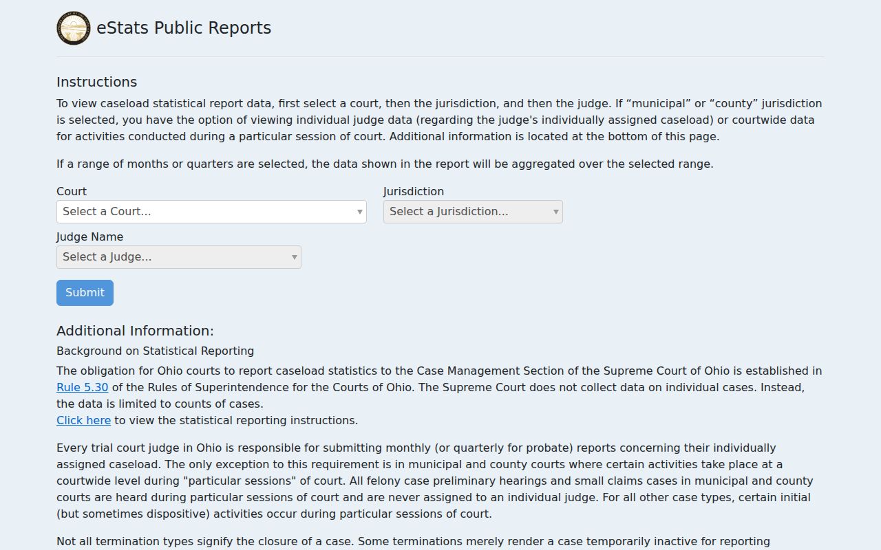 Jefferson County court calendar Ohio eStats public reporting source