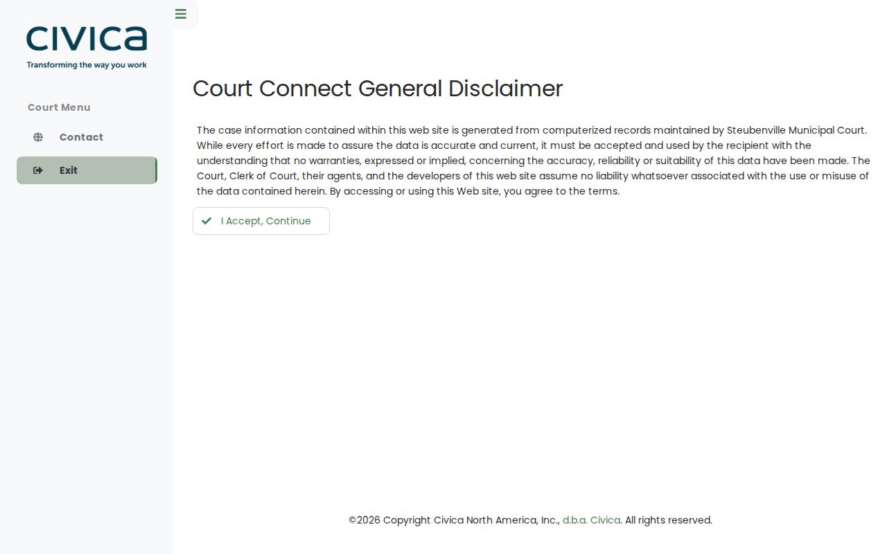 Steubenville court docket Court Connect case lookup interface